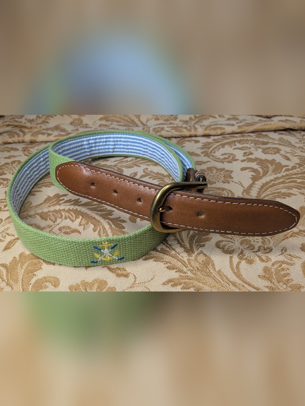 YRI Embroidered Canvas & Leather Ribbon Golf Belt Anchor Golf Club Sz 38 Green